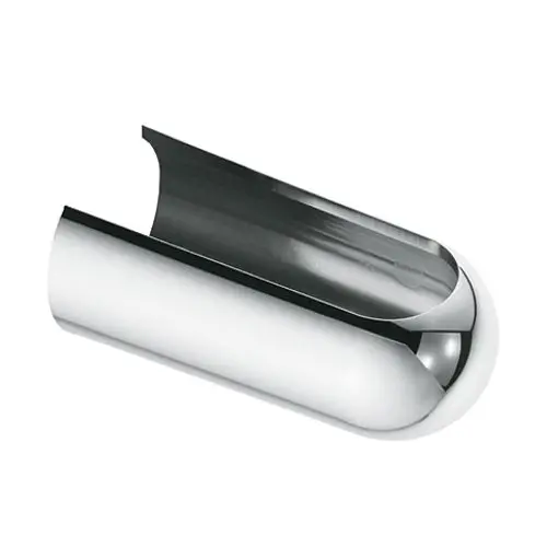 Chromfarbener Gehäuseteil von Kludi, gebogen mit einer glatten Oberfläche. Das Teil hat eine ovale Form und ist für die Verwendung in Sanitäranlagen geeignet.